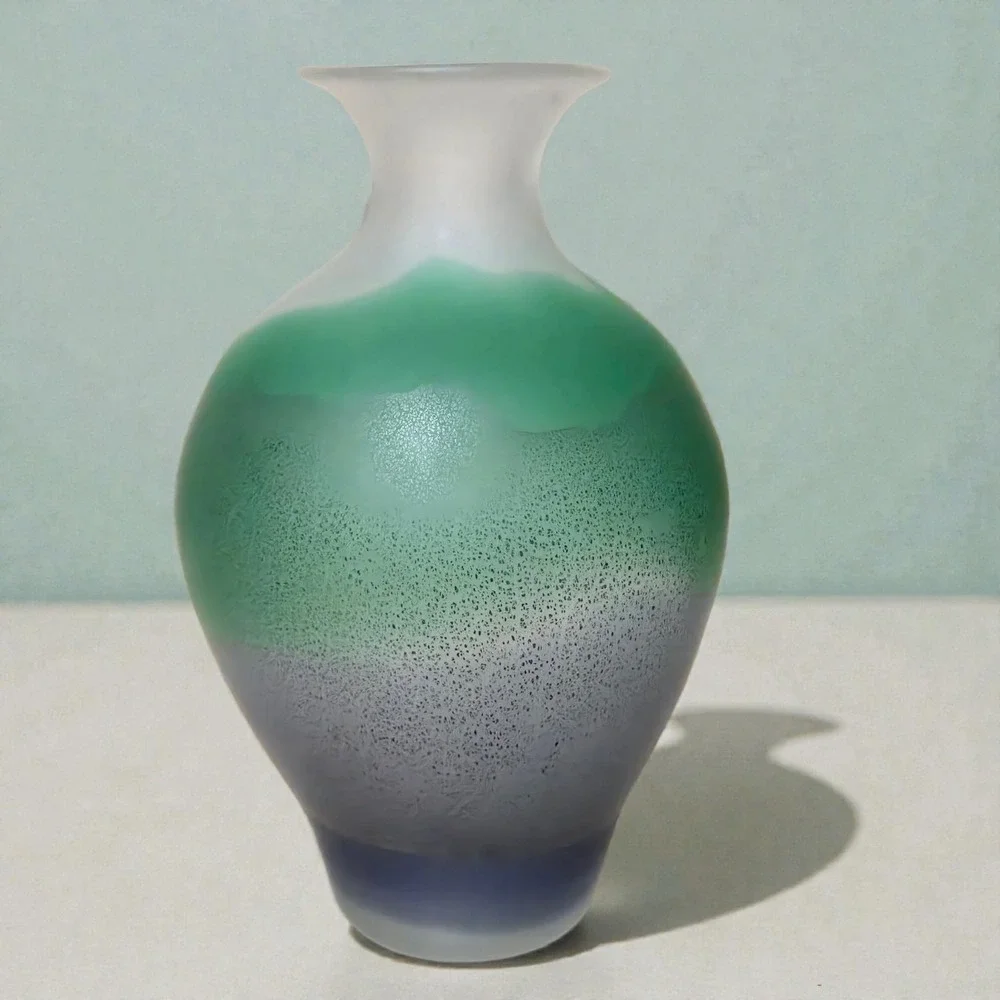 Vintage Toyo Japan Frosted Art Glass Vase Green Purple Scenic Landscape Satin